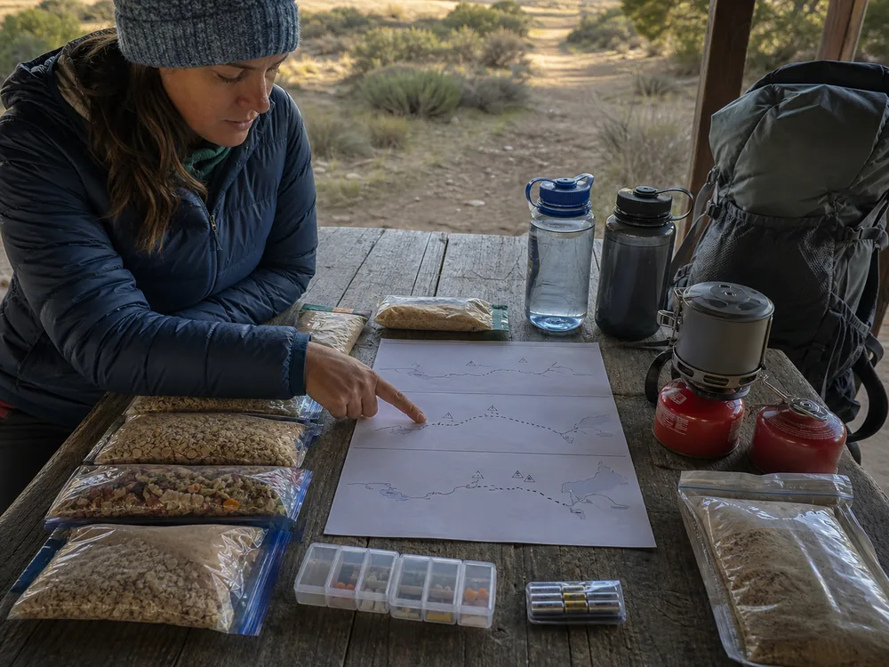 Backpacking food, water capacity, fuel, medication, and batteries divided by day and dry route segment beside a paper itinerary