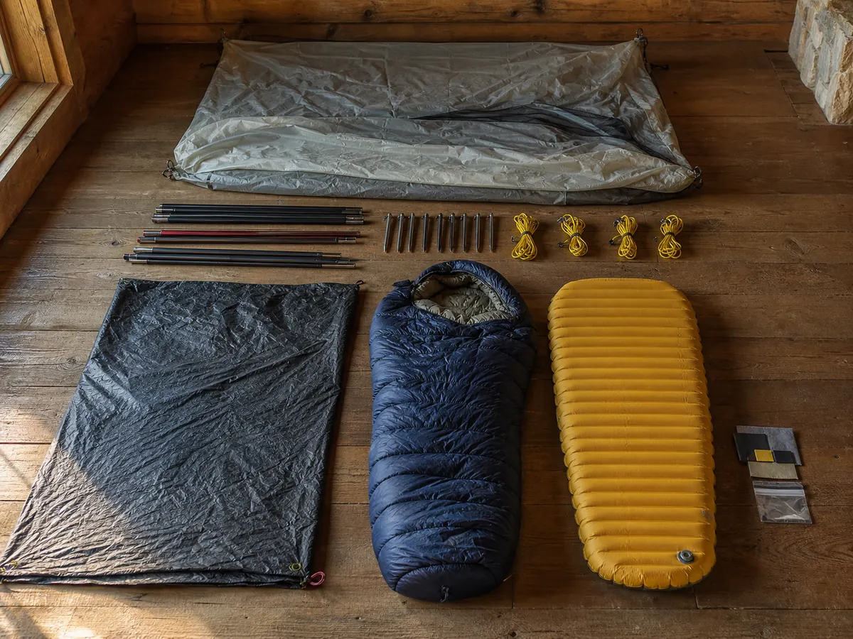 Complete backpacking shelter and sleep system with pack liner poles stakes guylines sleeping insulation pad and repair items - overnight checklist | KnowOutdoor