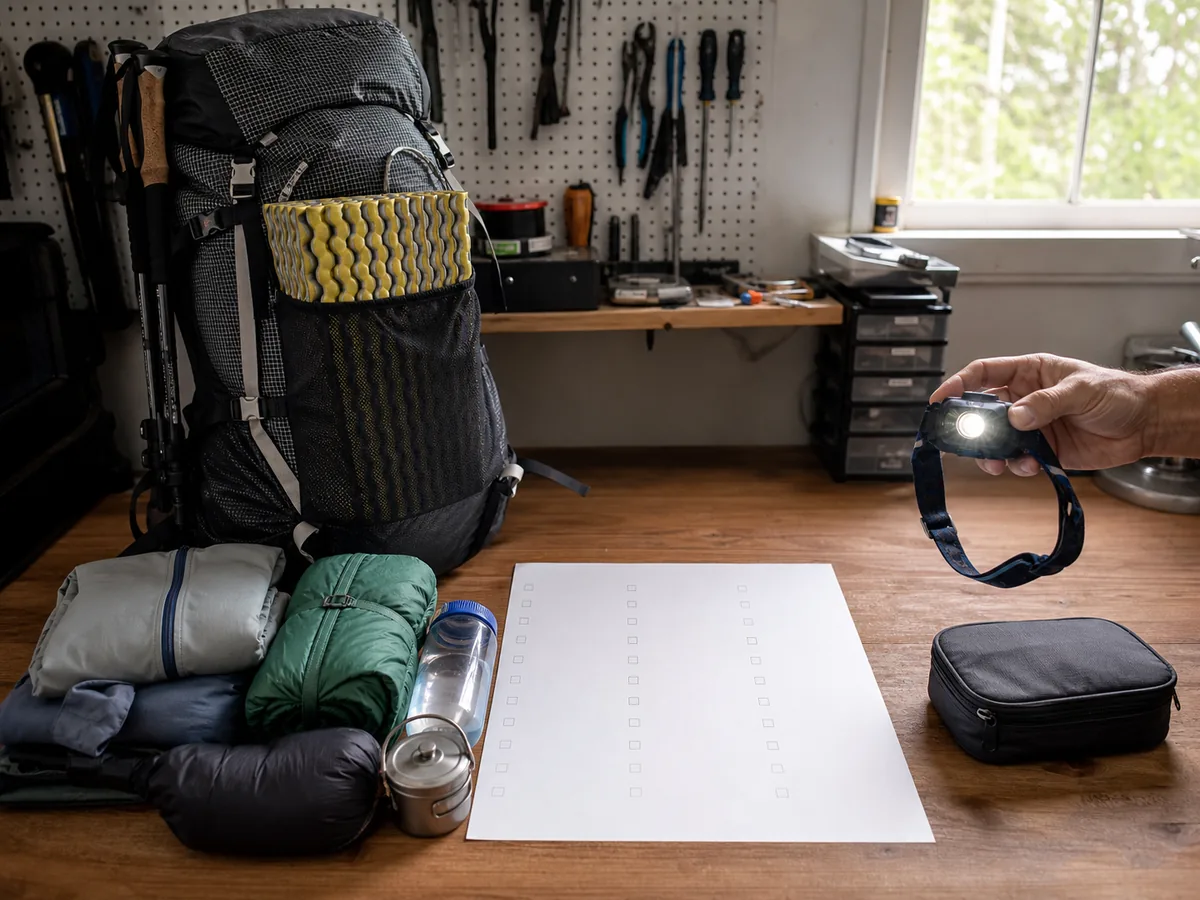 Backpacking checklist marked chosen packed and tested beside complete gear systems and a closed loaded pack - three-pass pack-out | KnowOutdoor