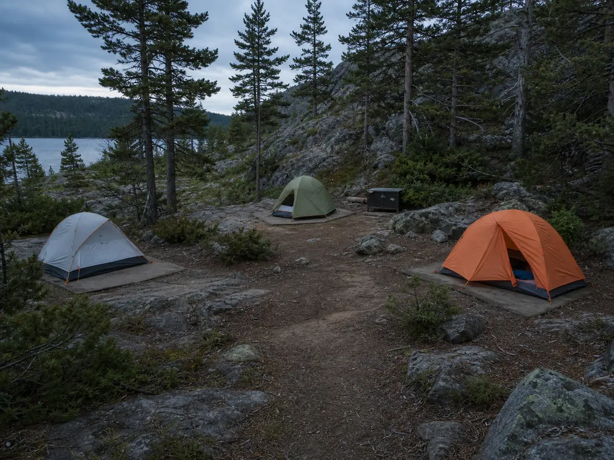 Several small backpacking tents arranged on existing durable pads with an open path to shared water and food storage at a generic campsite - shared camp footprint | KnowOutdoor