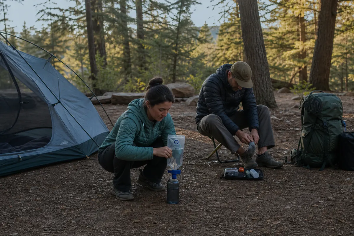 Beginner backpackers setting shelter, treating water, changing layers, and organizing food at a first camp - backpacking camp order | KnowOutdoor