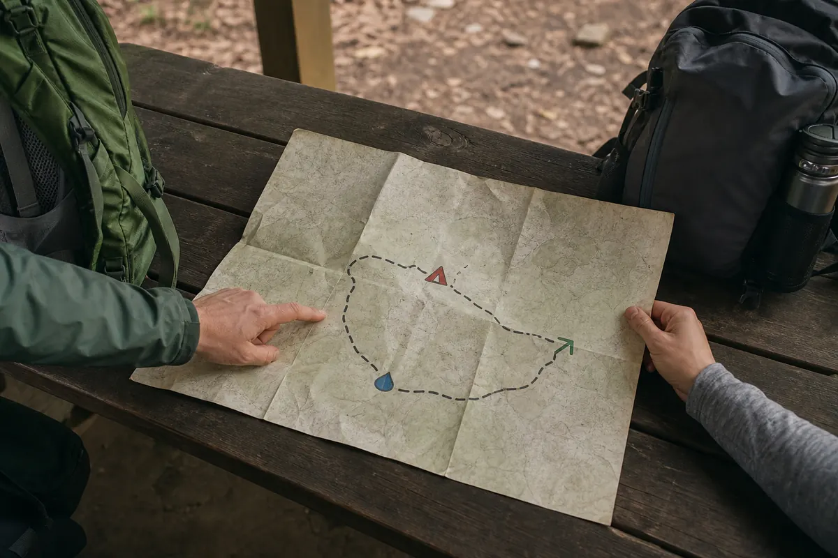 Beginner backpackers choosing a short route with a nearby exit and established campsite on a generic map - first backpacking route | KnowOutdoor