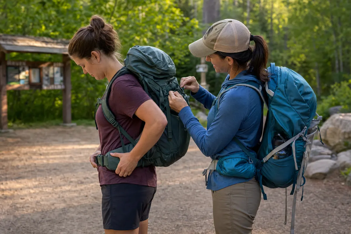 Beginner backpacker adjusting the hipbelt and shoulder straps of a loaded pack after a practice walk - backpack fit | KnowOutdoor