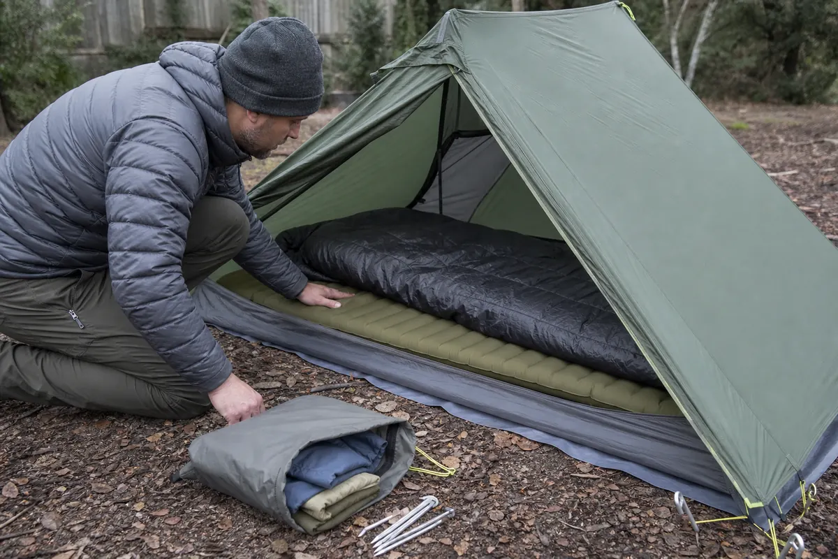 Tent, sleeping pad, sleeping bag, dry clothing, and groundsheet arranged at a practice campsite - beginner backpacking sleep system | KnowOutdoor