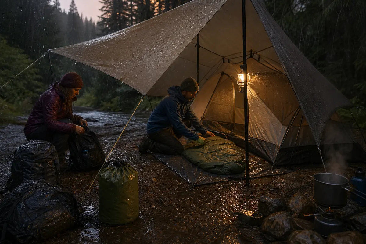 Backpackers establishing shelter first with separate wet, work, and dry zones during rain at a generic practice campsite - rainy camp setup | KnowOutdoor