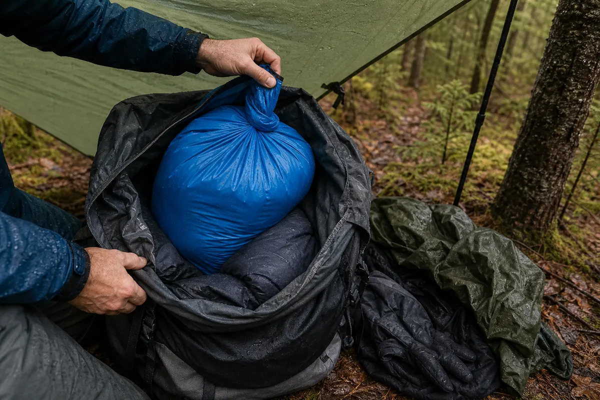 Backpacker sealing sleeping insulation and dry clothing inside a pack liner while wet shelter and rainwear remain in an outer zone - backpacking dry core | KnowOutdoor