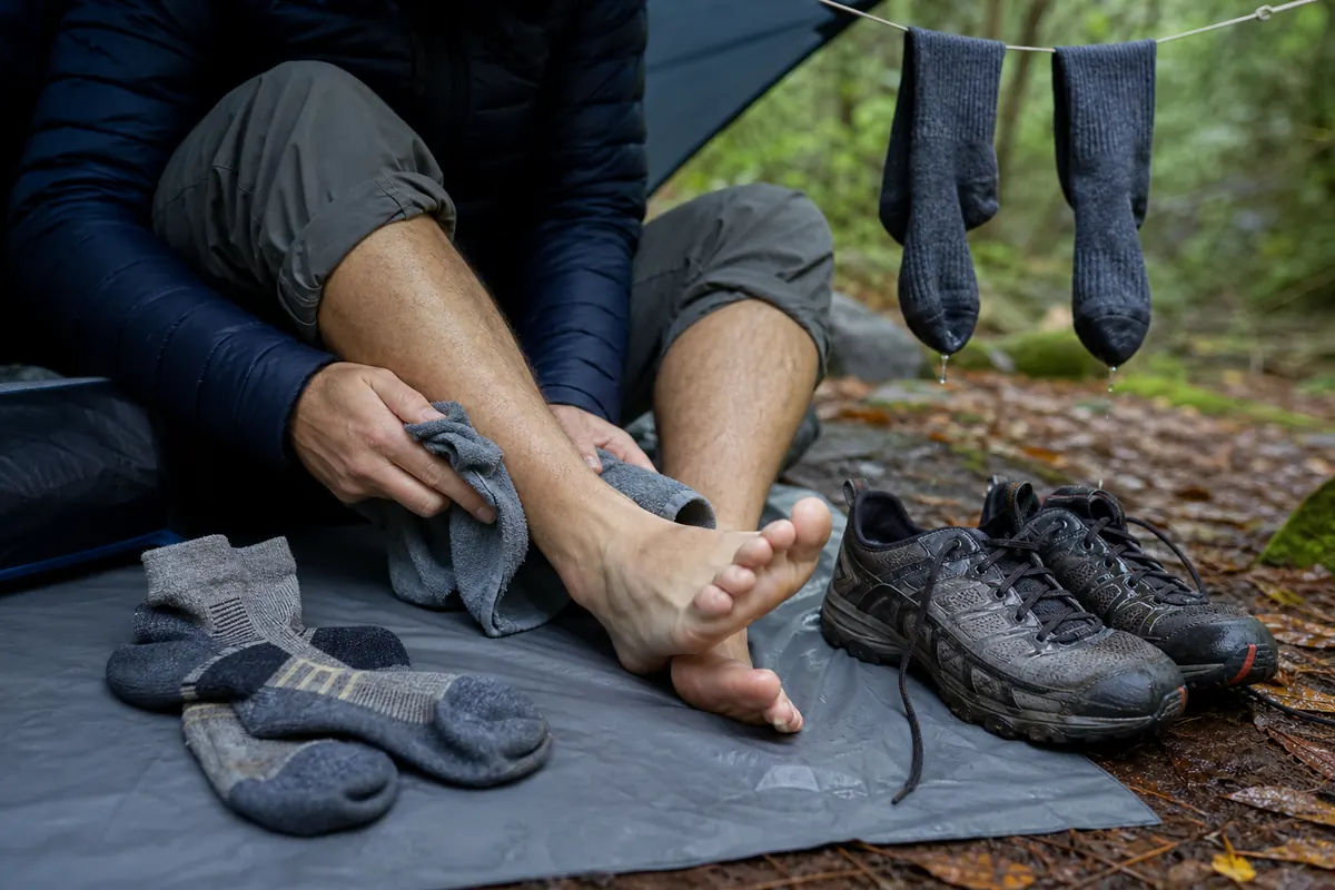 Backpacker drying and inspecting wet feet under shelter with dry sleep socks protected beside contained wet footwear - rainy backpacking foot care | KnowOutdoor