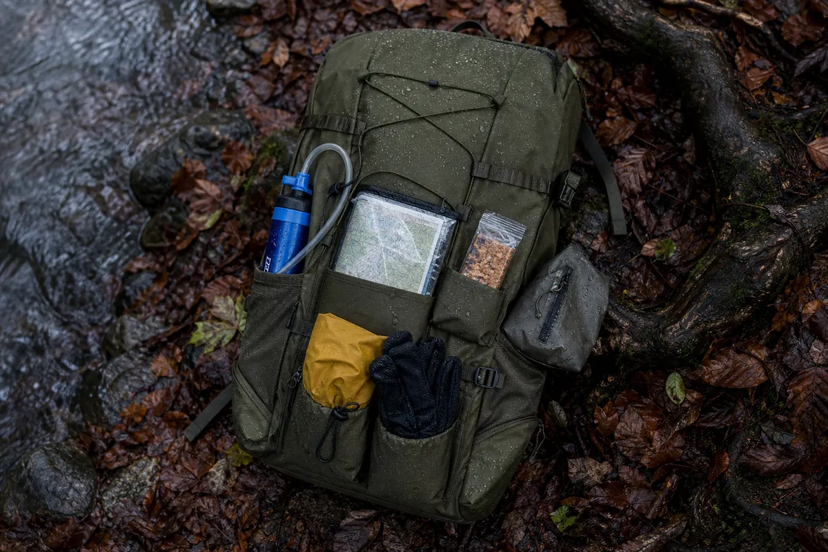 Backpacker retrieving a rain shell and wet shelter from narrow outer access while the sealed main pack liner stays closed - rainy backpack access | KnowOutdoor