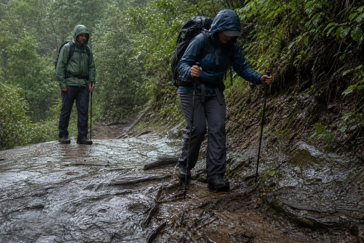 Loaded backpacker using short controlled steps on a generic wet woodland trail with roots, rock, and mud - rainy backpacking footing | KnowOutdoor