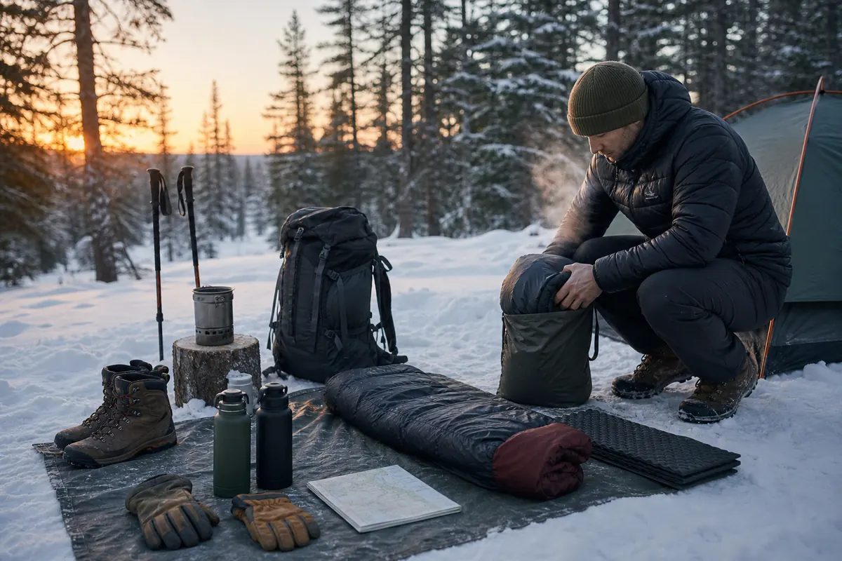 Winter backpackers preparing cold boots, liquid water, stove, gloves, map, and packed shelter during a controlled morning restart - winter backpacking rehearsal | KnowOutdoor