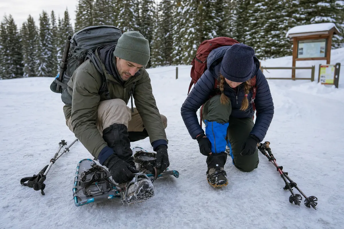 Winter backpackers comparing snowshoes for deep snow and fitted traction devices for packed icy trail at a safe practice area - winter traction and flotation | KnowOutdoor