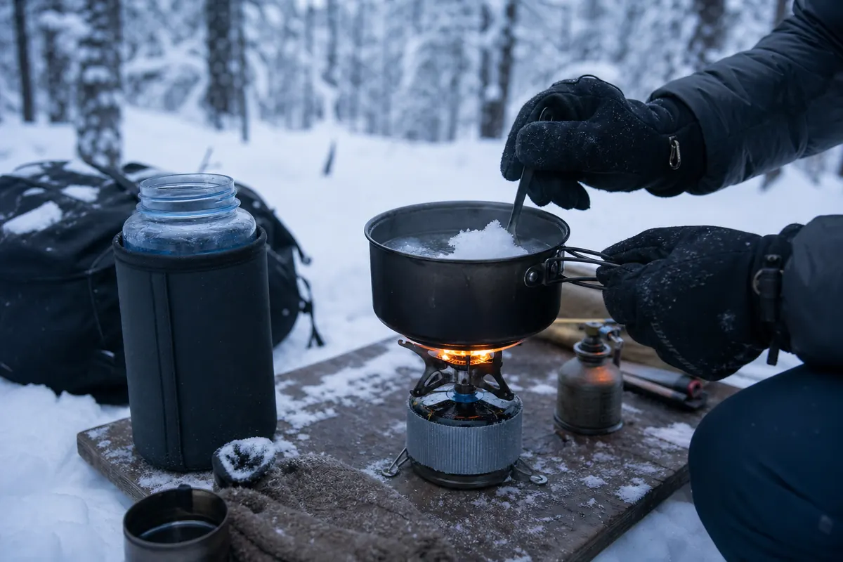 Winter backpacker protecting wide-mouth water bottles, adding clean snow to starter water, and using a stable stove outdoors - winter water and fuel system | KnowOutdoor