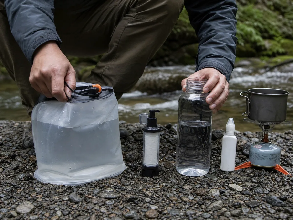 Backpacker separating untreated and clean water containers beside a filter disinfectant backup and stove - backcountry water treatment | KnowOutdoor
