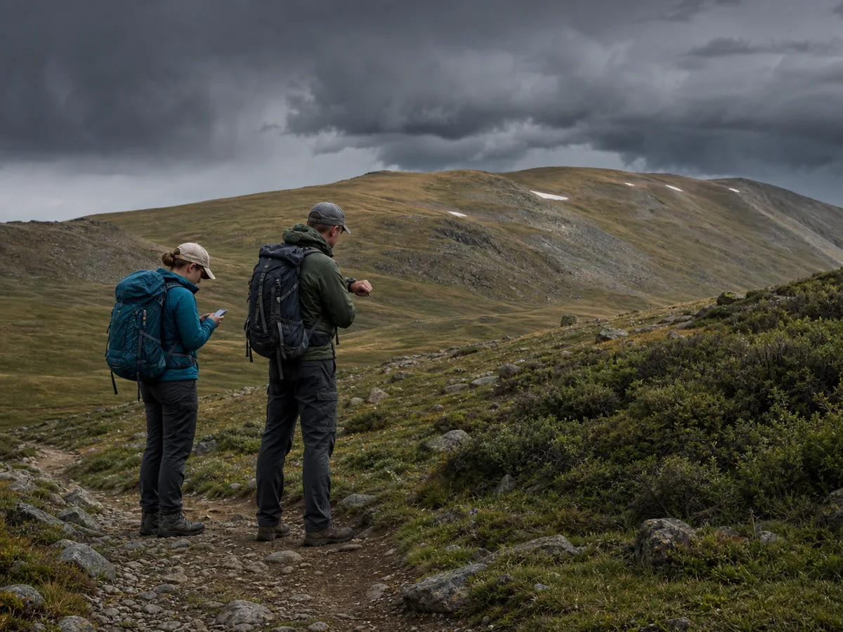 Backpackers comparing a storm forecast and turnaround time before entering a generic exposed ridge - weather cutoff decision | KnowOutdoor