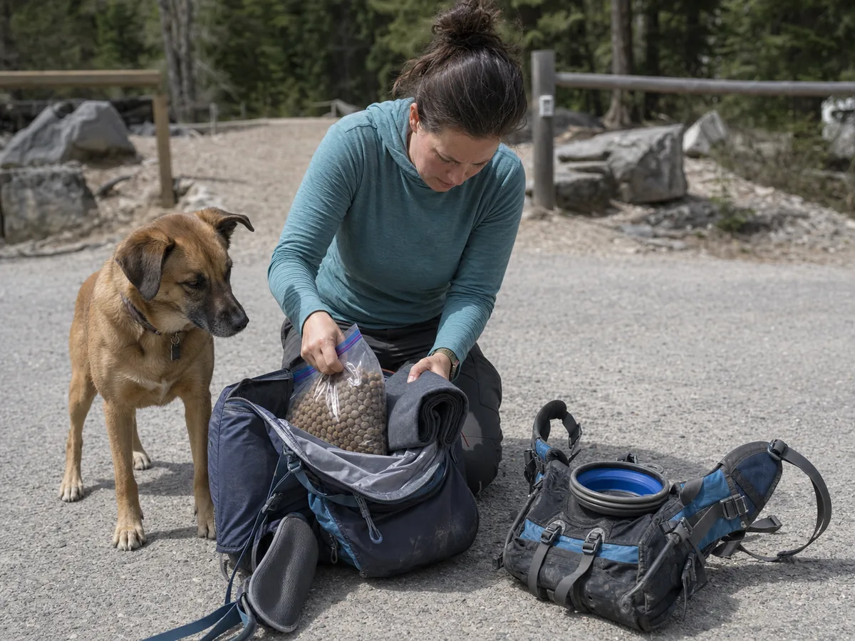 Backpacker moving food and a folded dog layer from a balanced dog pack into an open human backpack - dog pack load transfer | KnowOutdoor
