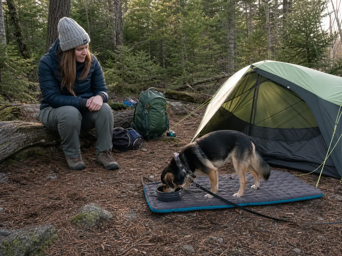 Handler observing a leashed dog eating and settling beside a small tent during a controlled generic campsite rehearsal - dog backpacking rehearsal | KnowOutdoor