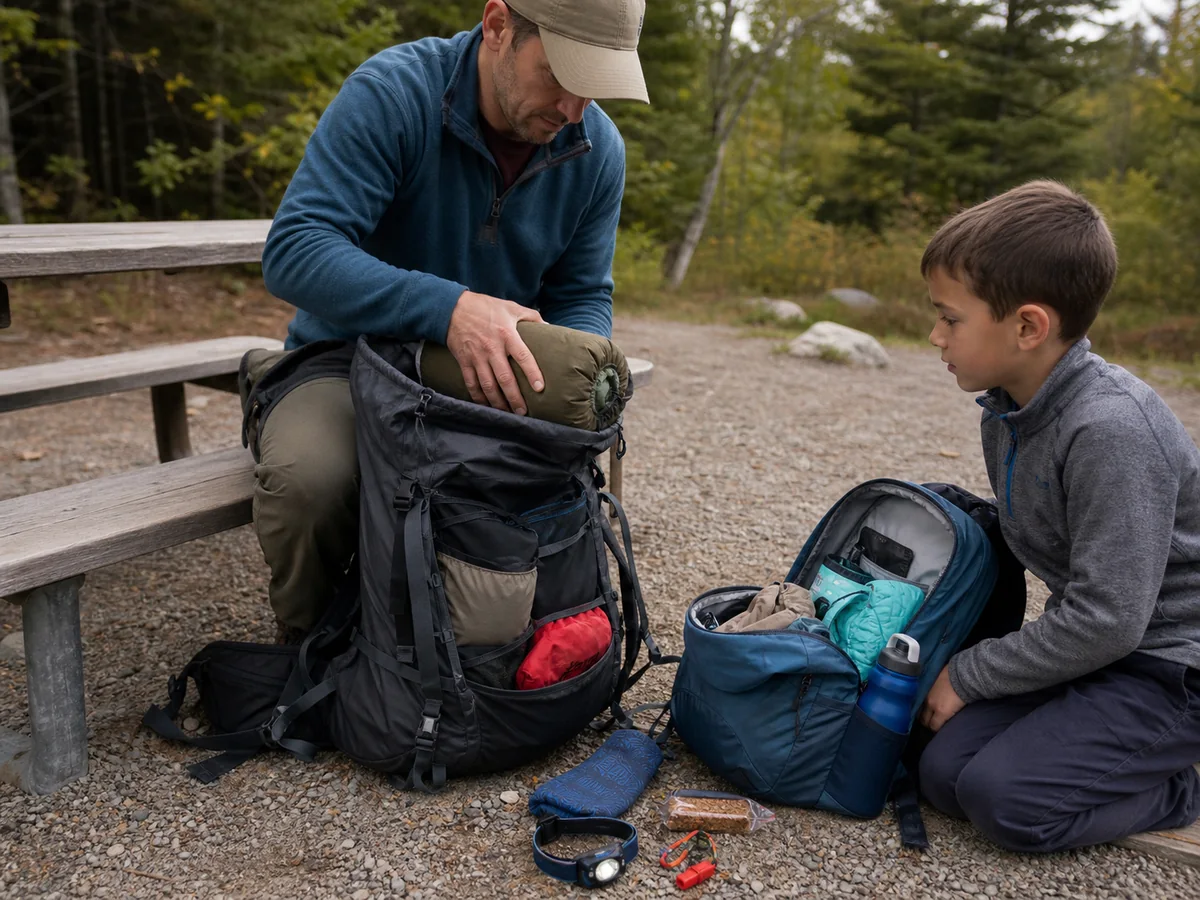 Adult moving a child's lightweight sleeping item into an open backpack while the child keeps water, snack, warm layer, whistle, and headlamp - child pack load transfer | KnowOutdoor