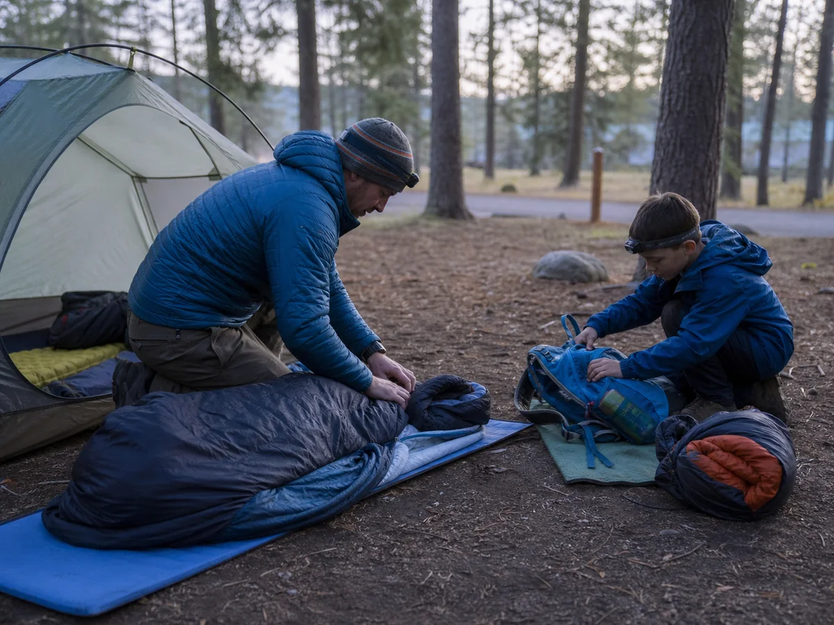 Family testing a small backpacking tent, child sleep system, headlamp, and morning packing routine at a generic campsite near home - family overnight rehearsal | KnowOutdoor