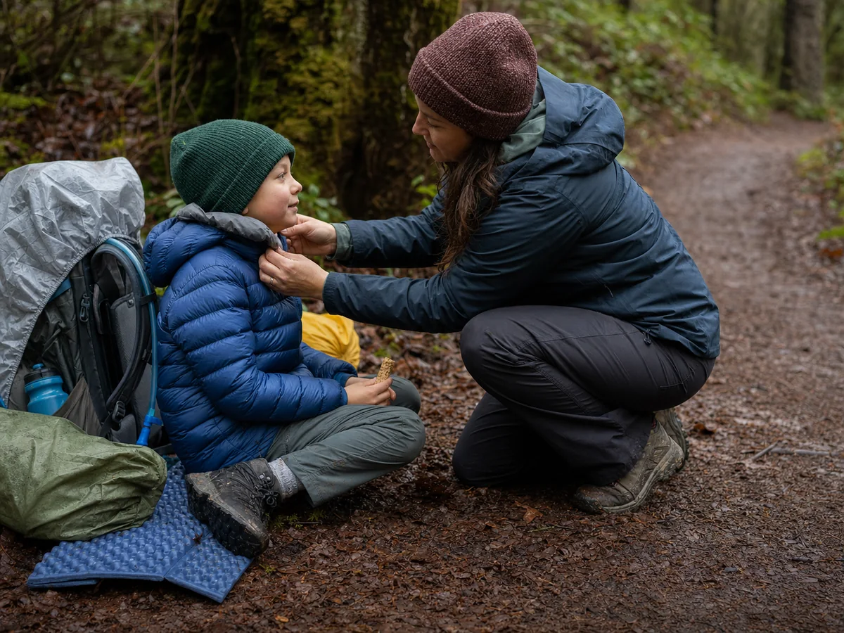 Adult adding a dry insulated layer and warm hat to a child during a sheltered backpacking snack stop while rain gear stays reachable - child warmth stop | KnowOutdoor