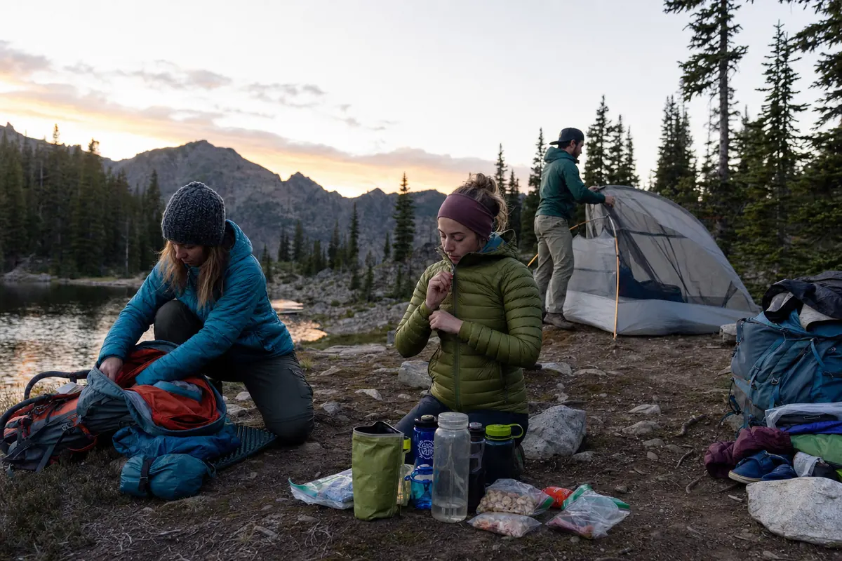 Backpacking group correcting a scattered dusk camp by closing bags and organizing shelter, warmth, water, feet, food, and storage in order - backpacking camp mistakes | KnowOutdoor