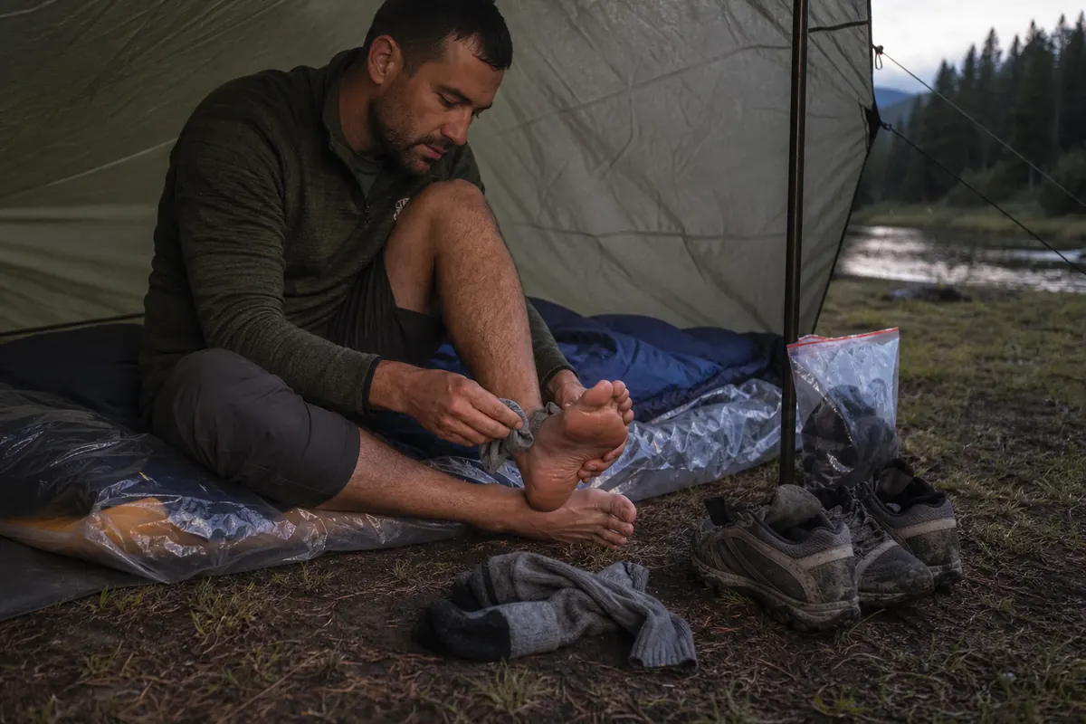 Backpacker inspecting damp feet and a small hot spot beside sleeping insulation protected inside a sealed pack liner - backpacking recovery mistakes | KnowOutdoor