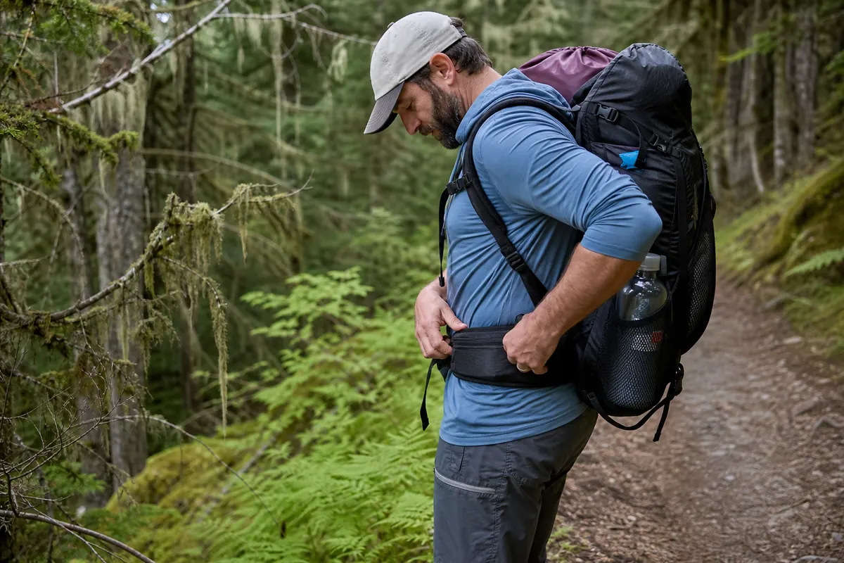 Backpacker correcting side imbalance, buried rain gear, and hipbelt fit after a loaded practice walk - backpack packing mistakes | KnowOutdoor