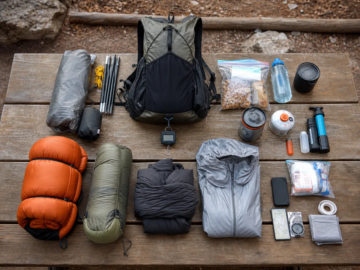 Complete backpacking load divided into base gear food water fuel worn items and shared equipment around a scale - ultralight baseline audit | KnowOutdoor