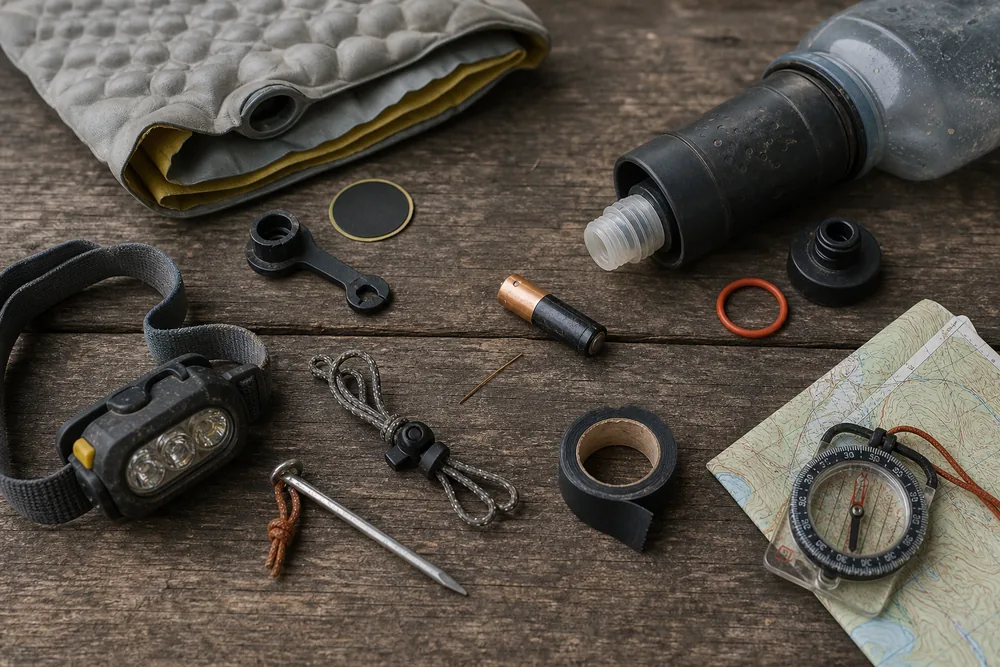 Filter seals pad repair battery shelter hardware map and compass arranged beside larger gear - ultralight control parts | KnowOutdoor
