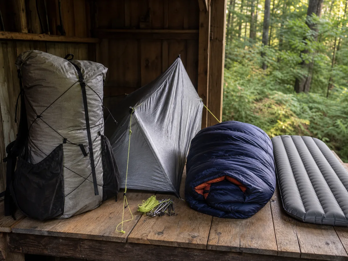 Backpack shelter sleeping insulation pad and cooking system laid out for a weight and function comparison - ultralight major systems | KnowOutdoor