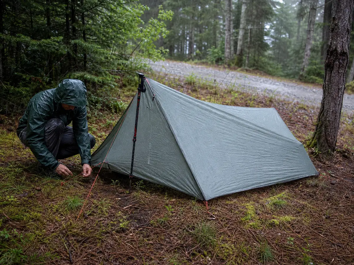 Backpacker testing a lightweight shelter dry sleep system rain layer and guy lines during controlled wet weather near an easy exit - ultralight weather test | KnowOutdoor