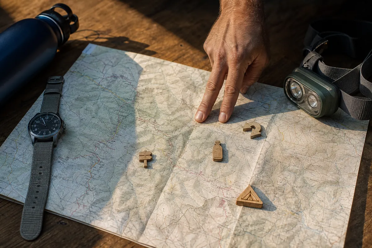 Paper route plan showing camp-ready time, final water stop, turnaround, breaks, and trailhead start counted backward from darkness - backpacking daylight plan | KnowOutdoor