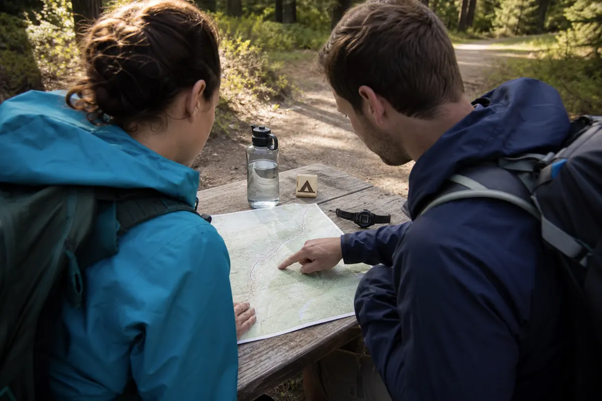 Beginner backpackers tracing a short overnight route with a verified camp, water point, turnaround, and easy exit on a generic map - first backpacking route | KnowOutdoor