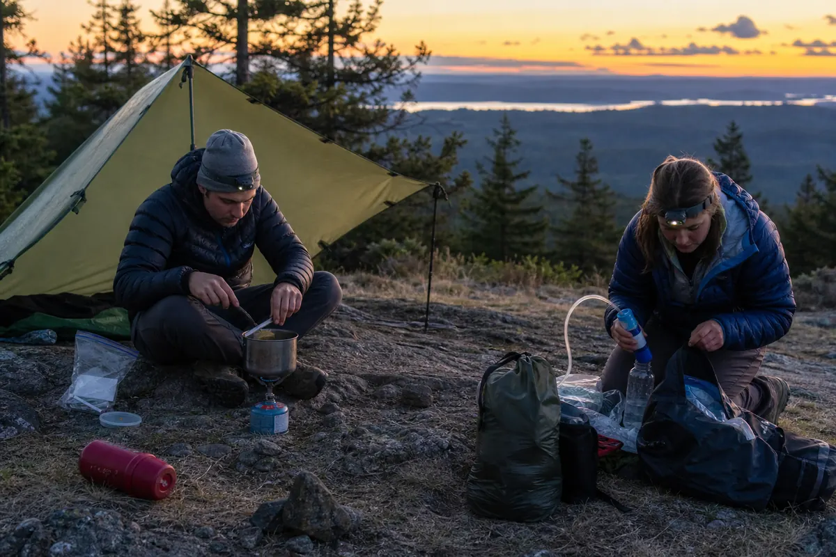 Beginner backpackers completing shelter, water, meal, food storage, and repacking after a loaded practice walk near home - backpacking overnight rehearsal | KnowOutdoor