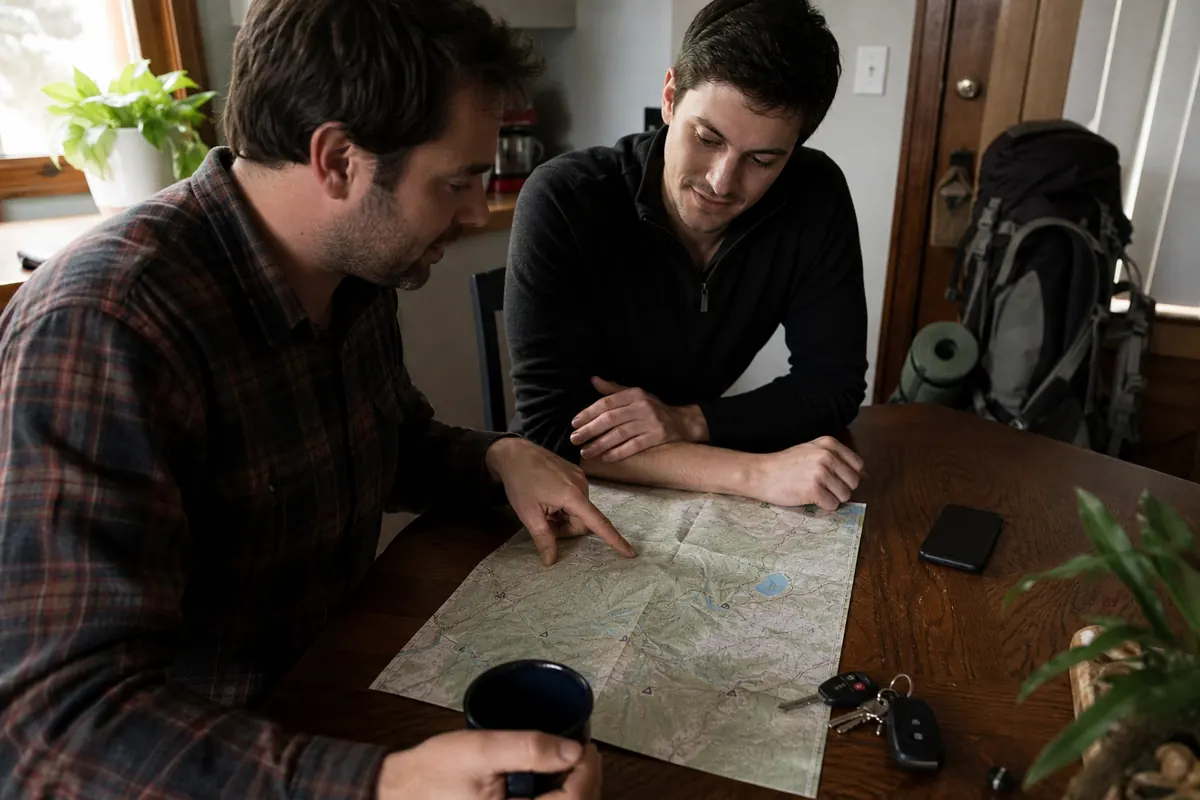 Backpacker sharing a paper trip plan with route, campsite, exits, vehicle, return window, and overdue action with a trusted contact - backpacking trip plan | KnowOutdoor