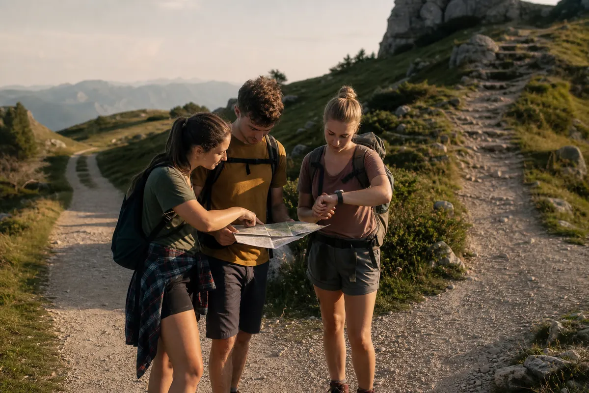 Backpackers pausing at a generic signed junction to compare daylight, water, group condition, and an alternate exit - backpacking turnaround decision | KnowOutdoor