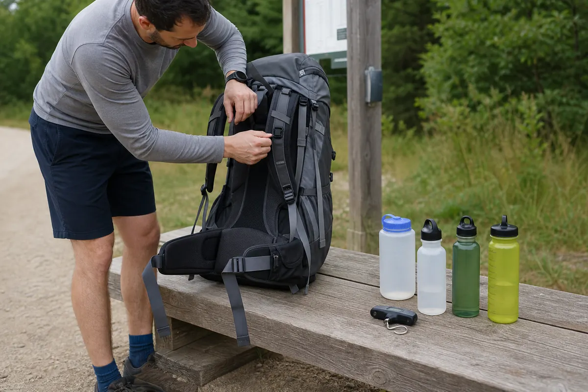 Backpacker weighing and fitting a gradually loaded pack before a training walk - backpacking load progression | KnowOutdoor