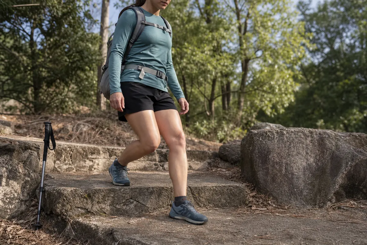 Backpacker practicing a controlled step-down from a low platform with stable knee and foot alignment - downhill strength | KnowOutdoor