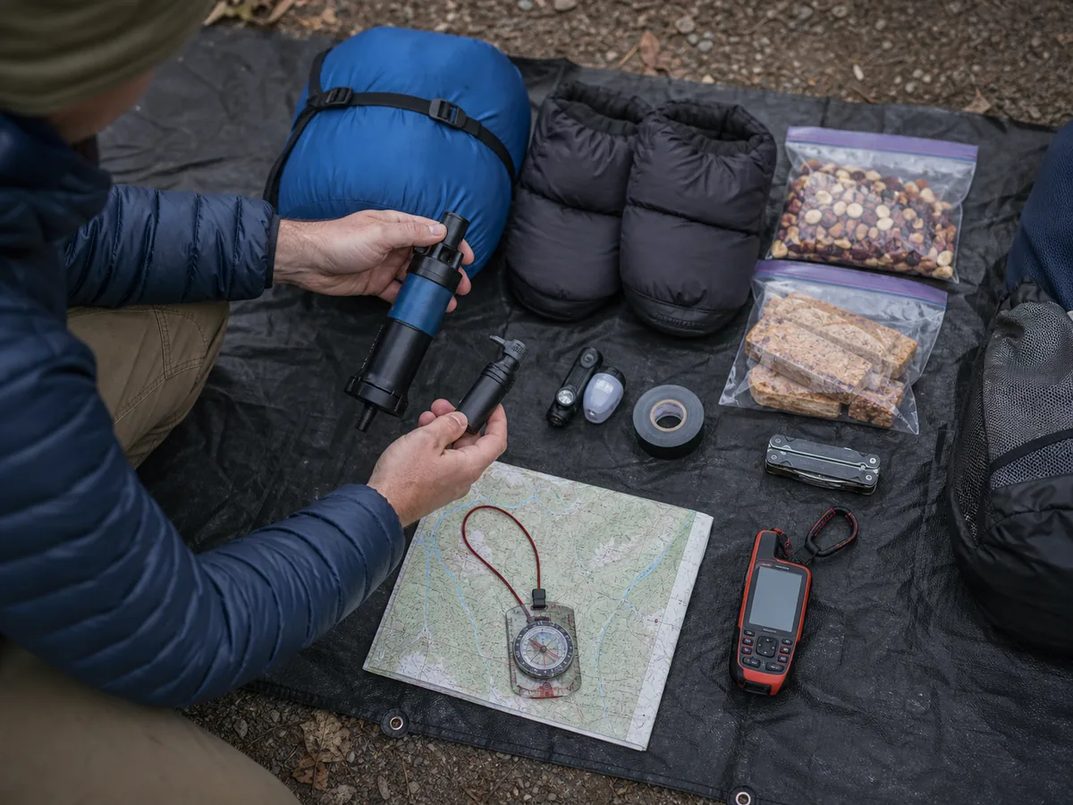 Solo backpacker arranging protected sleep insulation, map, compass, backup light, water treatment, repair items, and no-cook food by essential function - solo system backup | KnowOutdoor