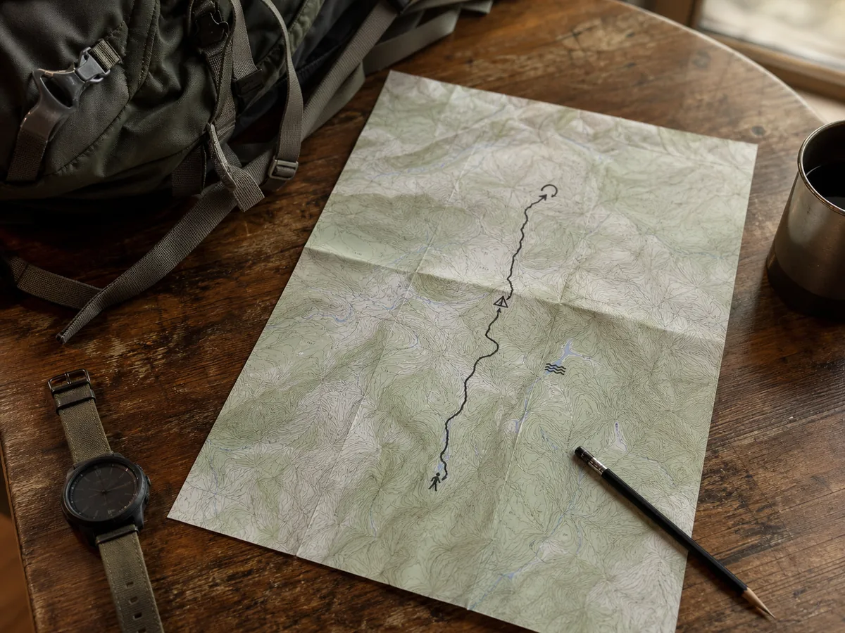 Solo backpacker tracing a simple generic out-and-back route with one camp, water points, turnaround, and direct exit on a paper map - first solo route | KnowOutdoor