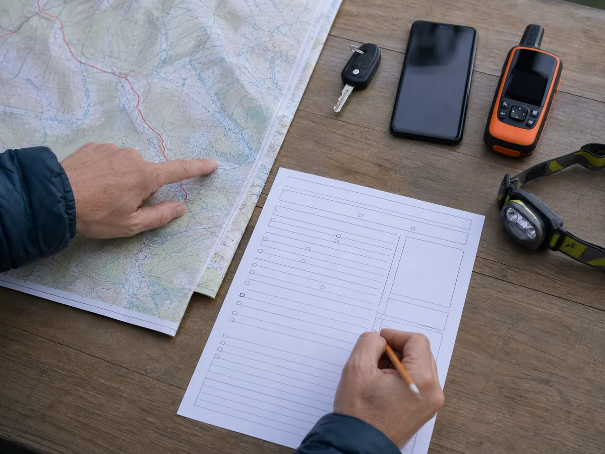 Printed solo backpacking trip plan beside a charged phone, satellite communicator, paper map, and vehicle details - solo overdue plan | KnowOutdoor