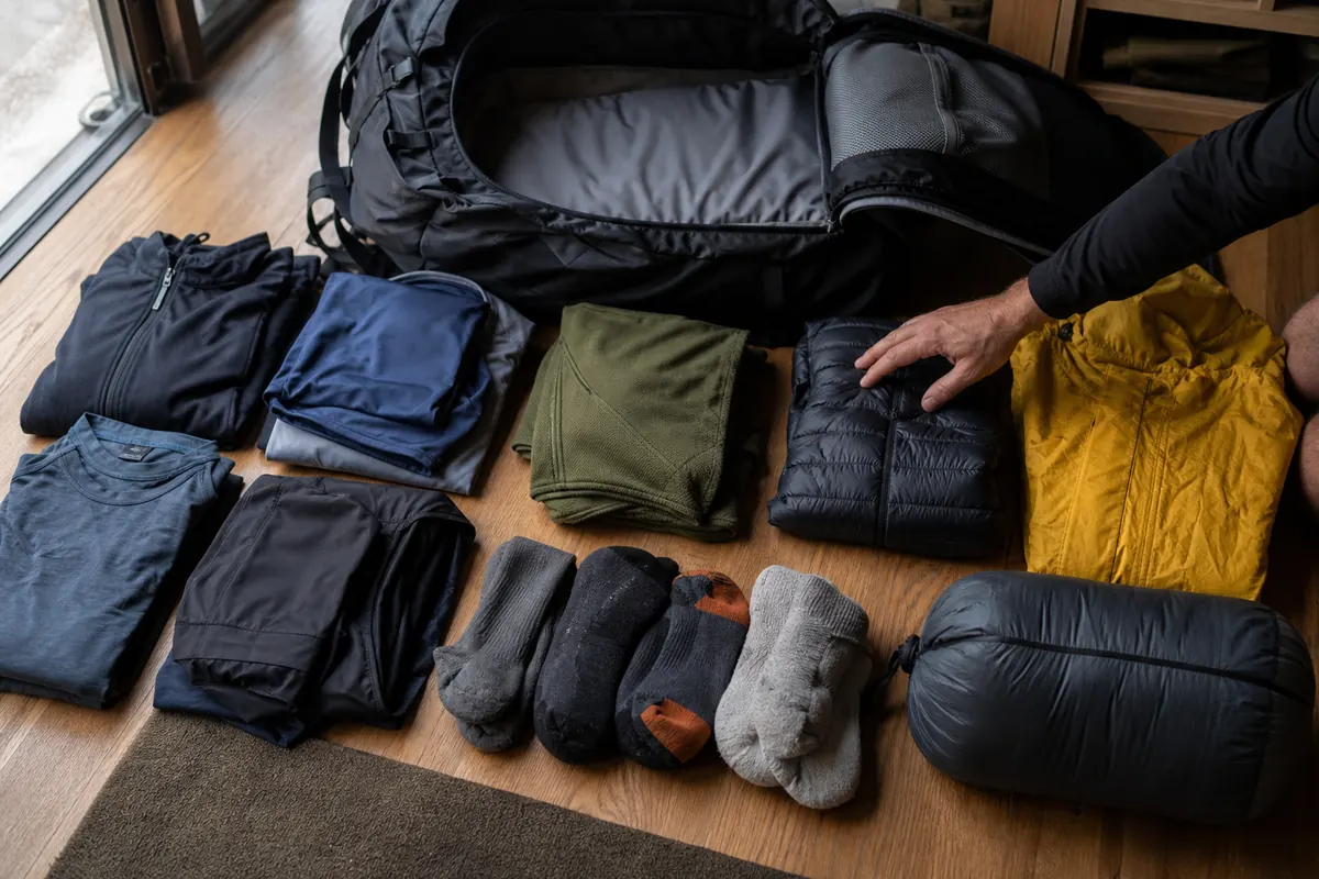 Backpacking clothing separated into active layers, stop insulation, rain protection, and a sealed dry sleep set - backpacking clothing system | KnowOutdoor