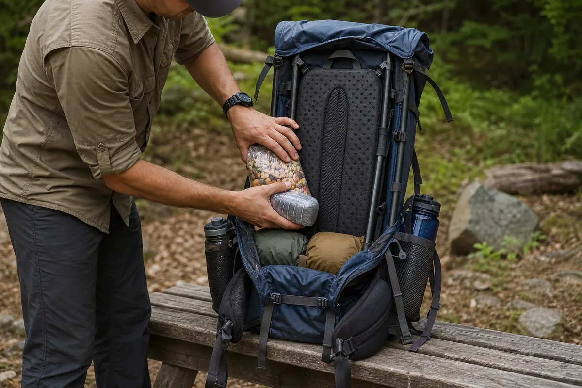 Backpacker arranging dense equipment close to the back and balancing both sides of an open backpack - backpack load placement | KnowOutdoor
