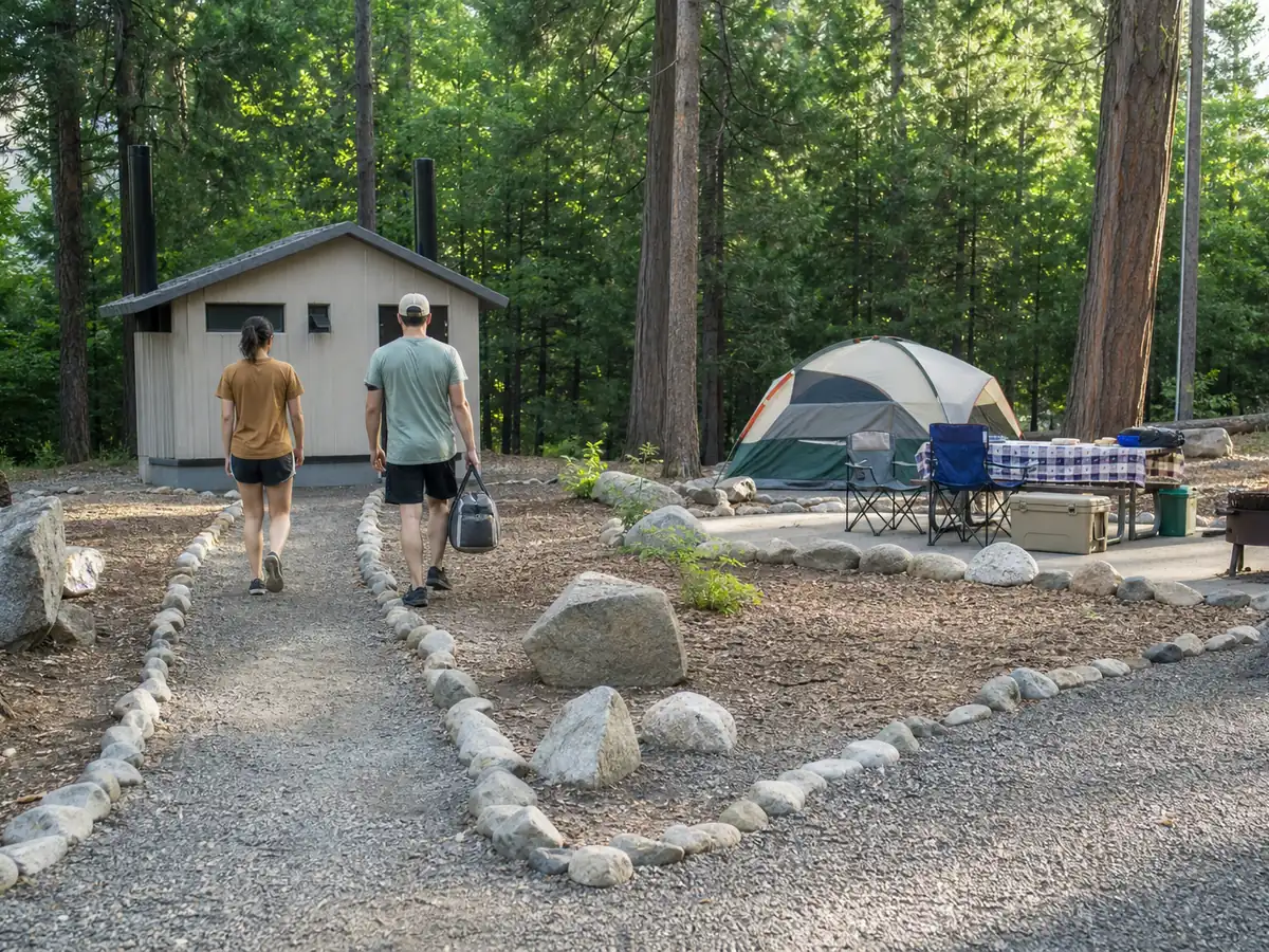 Campers using a marked path while tents chairs and gear remain inside the assigned campsite - campground boundaries | KnowOutdoor