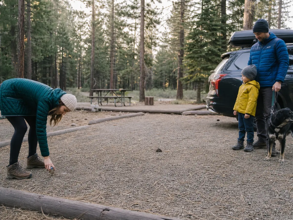 One camper sweeping an empty site while another supervises a child and leashed dog by the vehicle - campsite checkout | KnowOutdoor