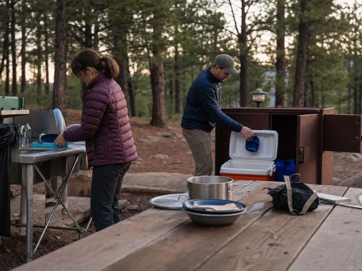 Campers cleaning dishes and securing a cooler after dinner at an approved campground station - closed camp kitchen | KnowOutdoor