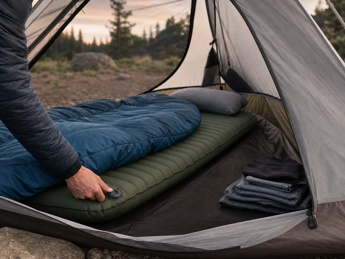 Camping sleep system showing tent floor insulated pad sleeping bag dry clothing and open ventilation - beginner camp sleep setup | KnowOutdoor