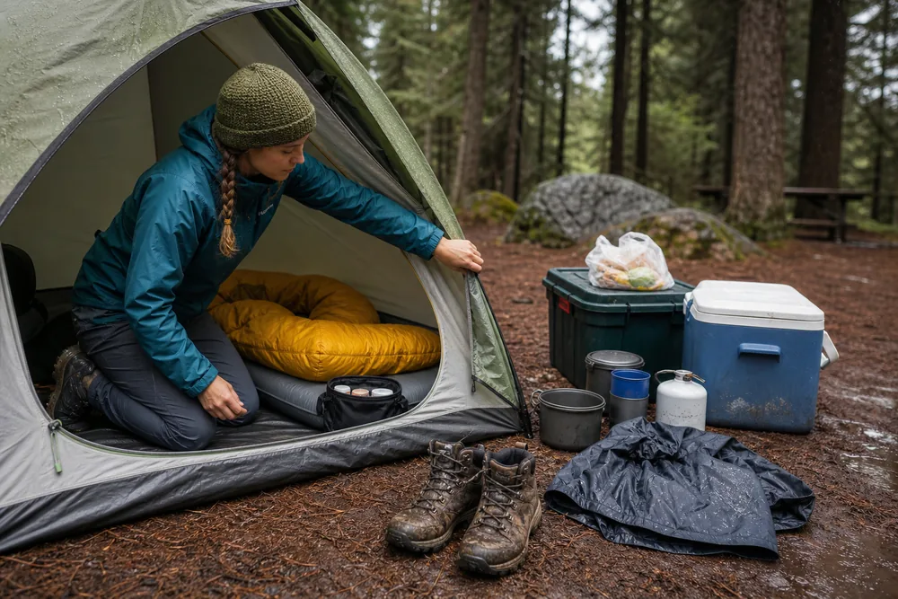 Beginner camper keeping dry bedding inside while boots rainwear cookware food and fuel remain outside - camping tent boundary | KnowOutdoor