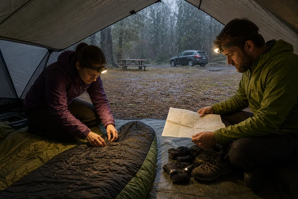 Campers checking sleeping insulation floor edges dry socks lights footwear and an exit map during rain - rainy camp recovery check | KnowOutdoor