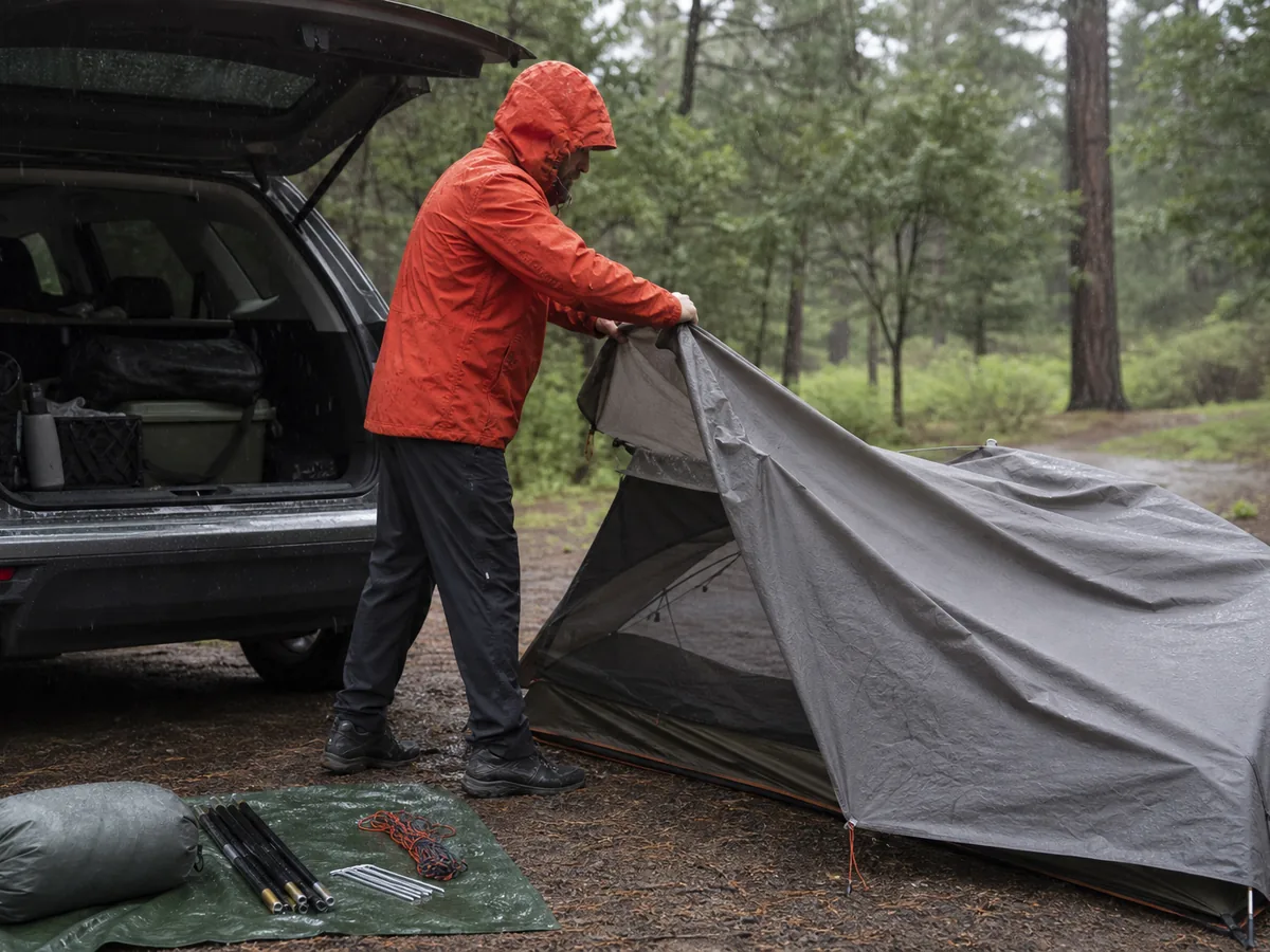 Camper attaching a rainfly beside a vehicle while tent parts remain organized under cover - rainy shelter setup | KnowOutdoor