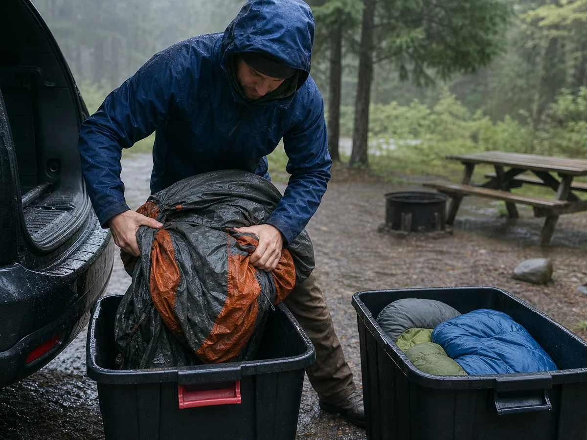 Camper packing a wet tent into a separate bin while dry sleeping gear stays sealed - wet campsite closeout | KnowOutdoor